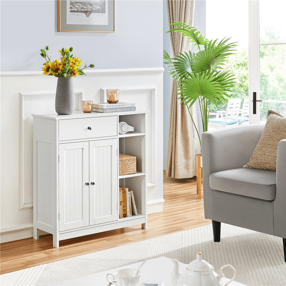 Alden Design Large Wooden Bathroom Floor Cabinet with Drawer for Living Room, White
