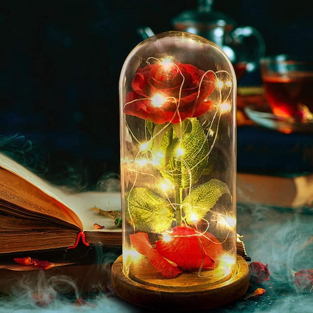 Rosa de seda de La Bella y la Bestia iluminada con LED, regalo para mamá, San Valentín, cumpleaños, rosa roja encantada en cúpula de cristal