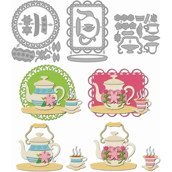 Teapot Cup Set Metal Cutting Dies Flower Coaster Metal Die Cuts Lace Background Embossing Die Cut Stencils Decorative Embossing Paper Dies for Card Making DIY Scrapbook Album Gift Decor Gray