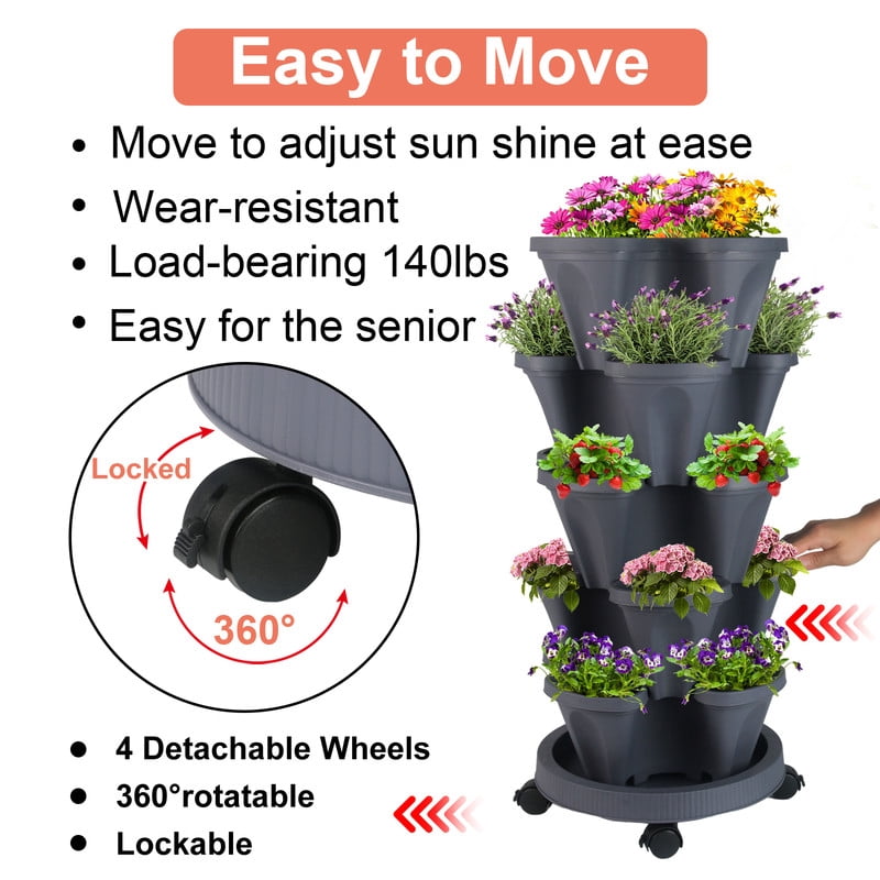 5-Tier Vertical Stackable Tower Planter for Strawberries, Flowers, Herbs, and Vegetables - Dark Gray.