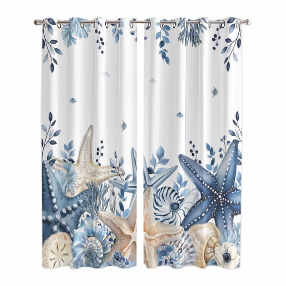 Blue Starfish Coastal Kitchen Curtains Window Panels, Eucalyptus Summer Nautical Shell Ocean Insulated Window Treatment Curtain, Grommet Curtains for Bedroom/Living Room/Bathroom, 2 Piece 42"Wx84"L