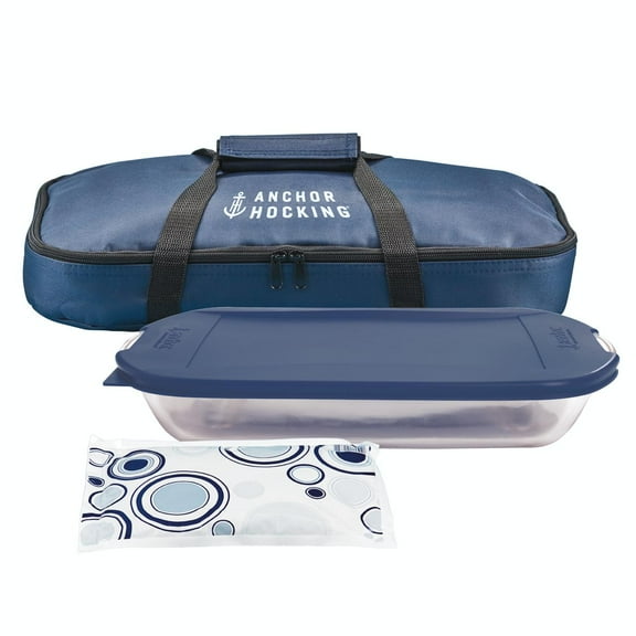Anchor Hocking Bake-N-Take 3-Quart Baking Dish with Navy Tote, 4 Piece Set