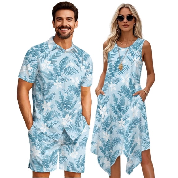 Yuyamidu His and Hers Matching Outfits Tank Dresses for Women 2026 Men's 2 Piece Short Sets Short Sleeve Casual Beach Button Down Shirts and Shorts Vacation Sets Palm Leaf Blue Man S