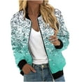 thumbnail image 2 of Qunyiney Zip Up Women Jacket Gradient Bomber Blue Casual Lightweight Jacket Short Long Sleeve Loose with Pocket Hoodless Jacket, 2 of 5