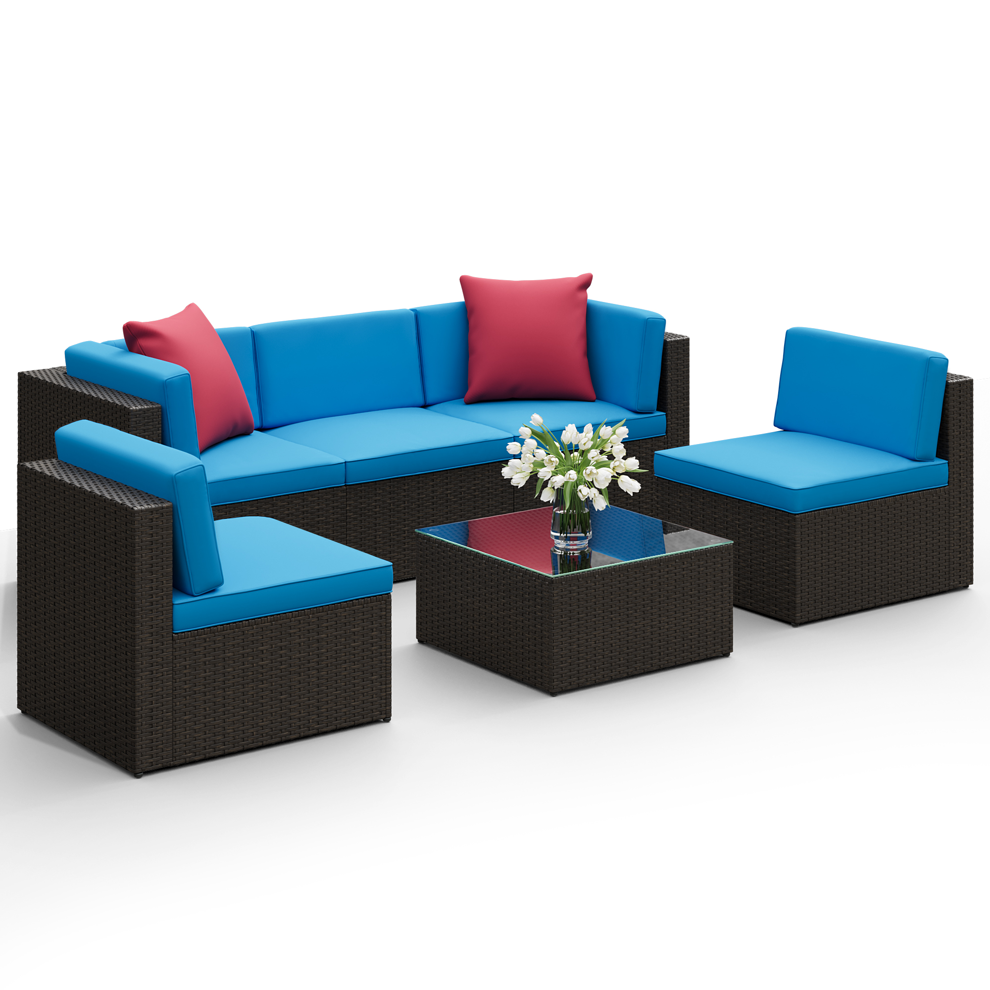 Lacoo 6 PCS Patio Outdoor Furniture Wicker Sectional Sofa with Cushion, Blue