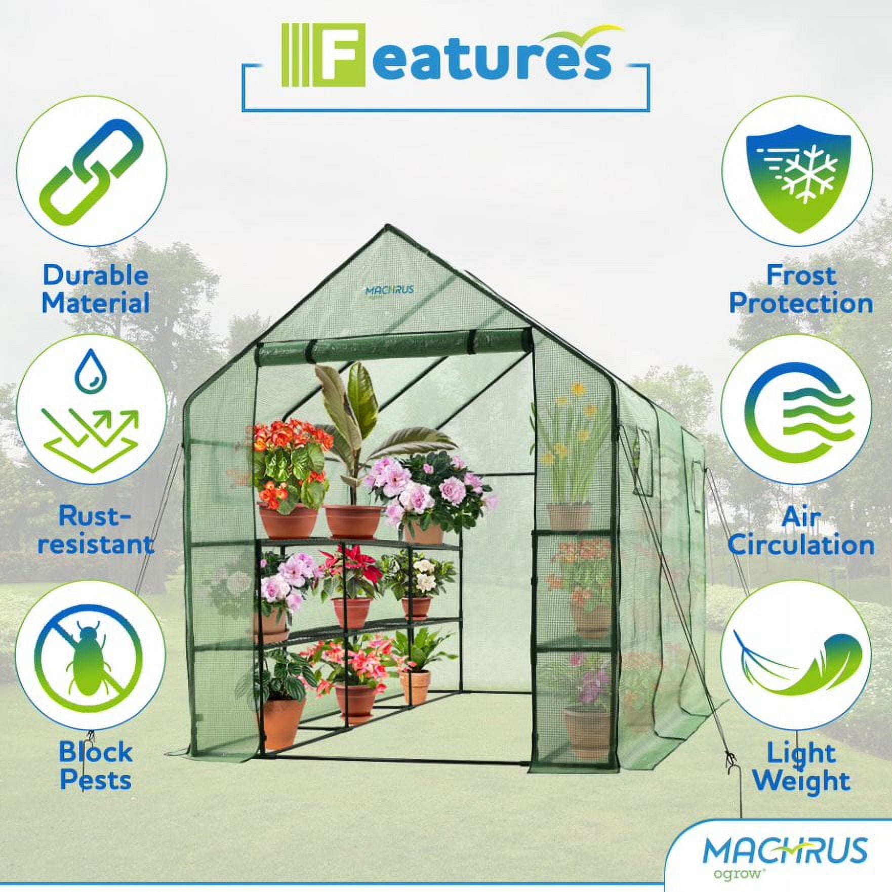 Machrus Ogrow Deluxe Walk-In Greenhouse for Outdoors with 2 Tiers & 8 Shelves – Durable Indoor Greenhouse with Green Cover for Mini Greenhouses and Garden Use