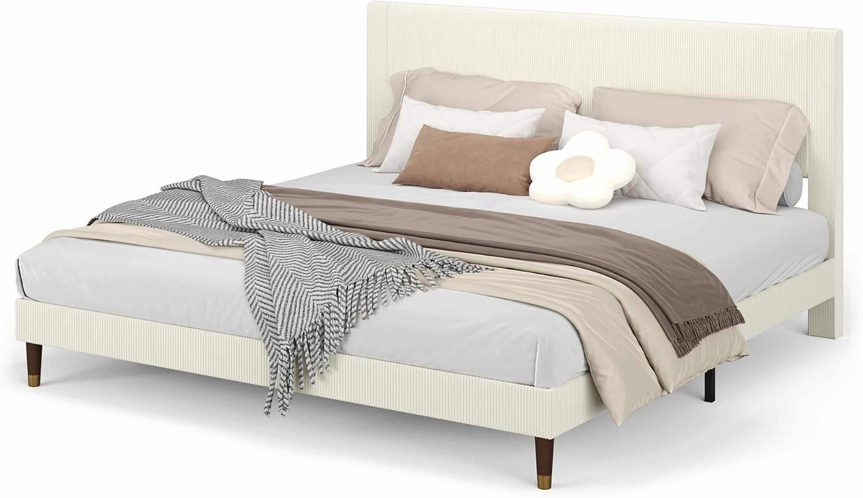 King Bed Frame with Headboard, Corduroy Upholstered Platform Bed with Wooden Slats Support - No Box Spring Needed & Noise Free, Easy Assembly, for Bedroom Apartment, Beige