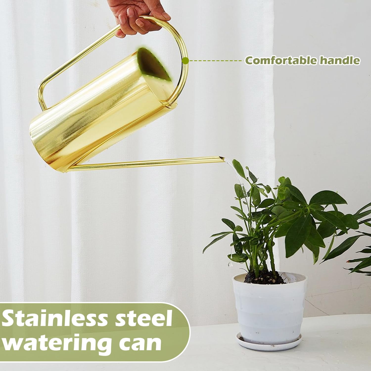 Watering Can, 50 oz/1.5L Stainless Steel Watering Can Pot with Long Spout, Garden Watering Cans with Comfortable Handle for Indoor House Plants Bonsai Flower Decorative - GOLD