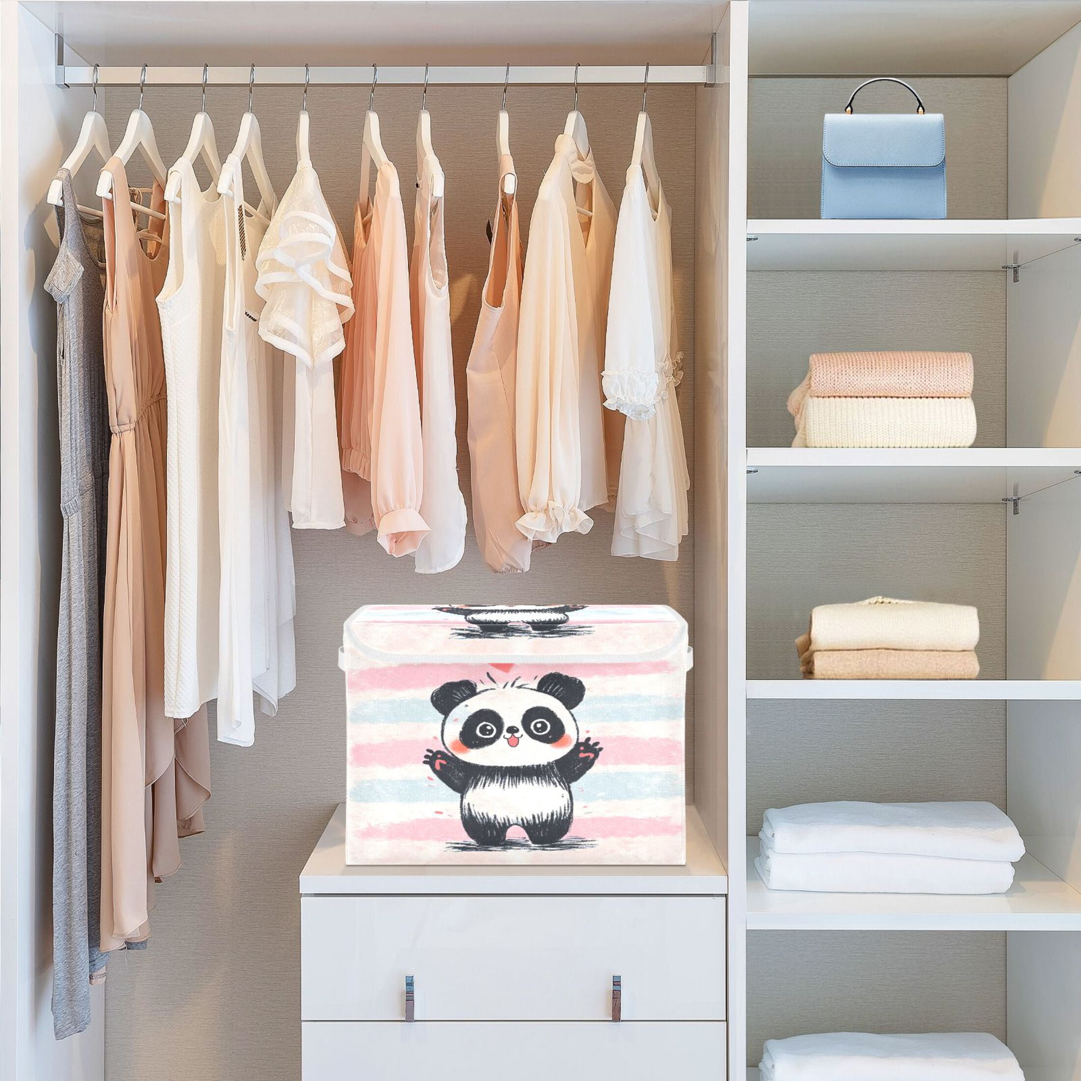 Large Collapsible Fabric Storage Box with Flip Lid & Handles, Decorative Organizer Basket for Home16.5×12.6×11.8in Crayon Panda Illustration