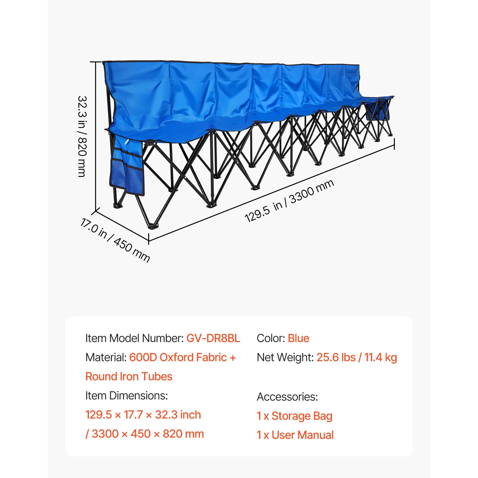 Portable Folding Bench, 8 Seat Foldable Soccer Bench with Side Pockets and Carrying Bag, Lightweight Sideline Seating with Back Rest for Football, Baseball, Camping, Outdoor Events, Blue