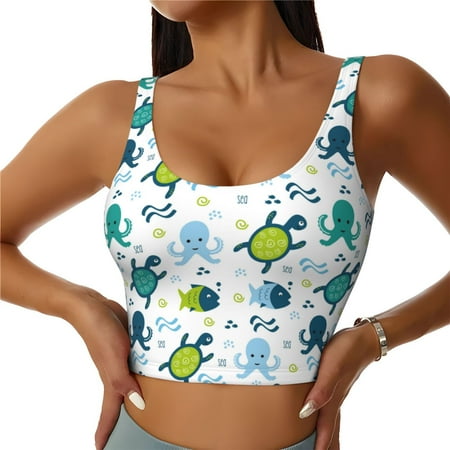 Jgfou Cartoon Sea Creatures Print Womens Sports Bra - Padded Workout Sports Bras Crop Tank Top