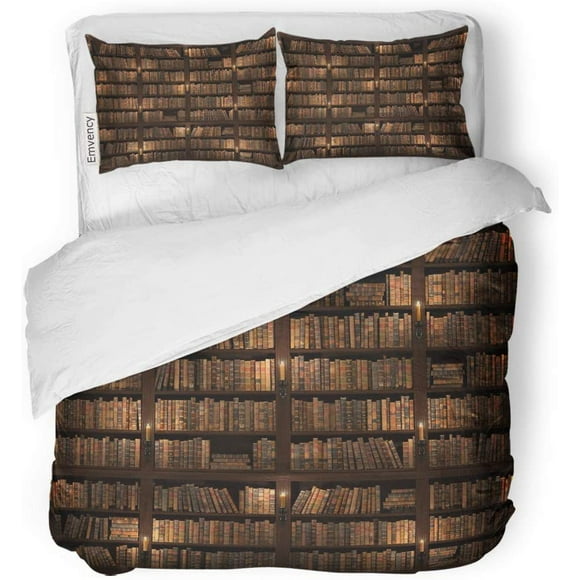 POGLIP 3 Piece Bedding Set Brown Bookcase Vertically and Horizontally Vintage Books Two Storied Bookshelf Mysterious Library Candle Lighting Old Twin Size Duvet Cover with 2 Pillowcase