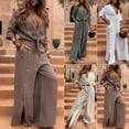 thumbnail image 2 of Women's Casual Solid Color 2-Piece Set,Outfits Rolled Up Sleeve Button Down Shirt and Wide leg Pants Set, 2 of 9