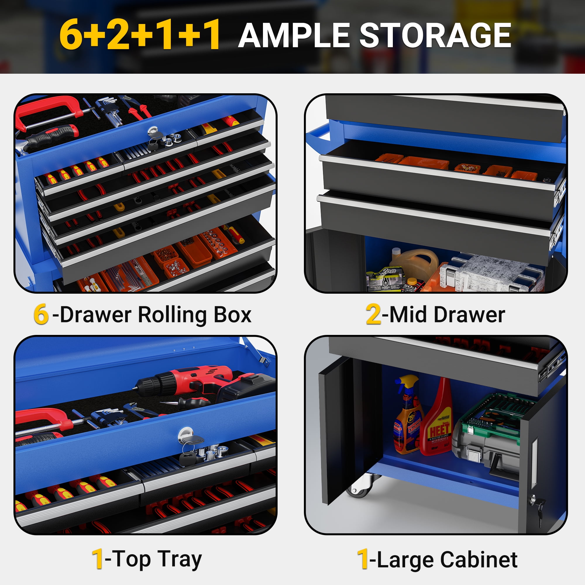 2-IN-1 Rolling Tool Chest Storage Box, Upgrade Steel Tool Box Hidden Desing, Detachable Tool Storage On Wheels W/Sliding Drawers for Workshop Garage Studio, Blue