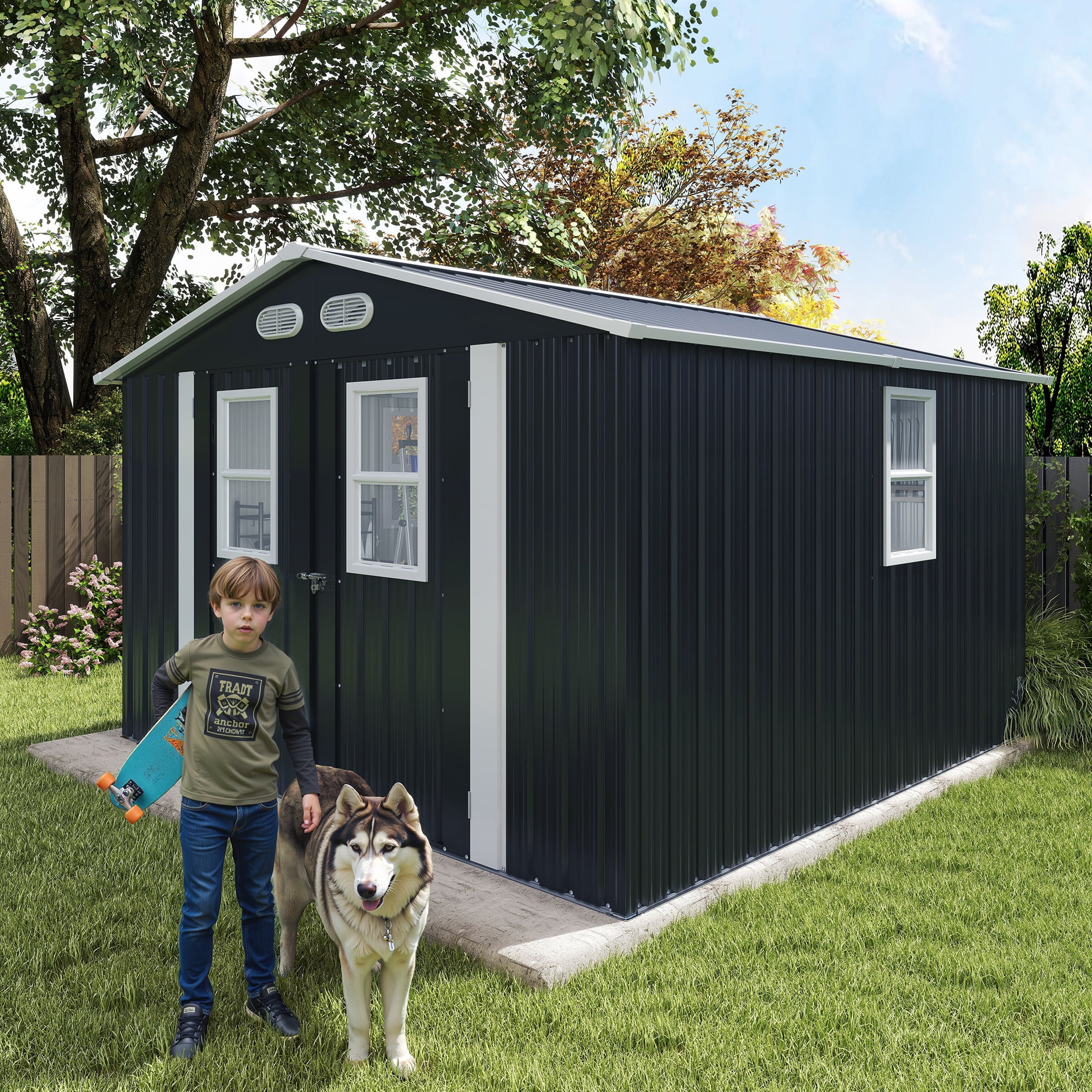DTTRA 8 x 8 ft Outdoor Metal Storage Shed with 4 Window and Lockable Door, Waterproof Outside Storage Building for Garden, Backyard, Tool Storage Use, Easy to Install, Dark Gray