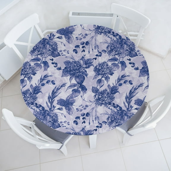 Ambesonne Floral Fitted Round Tablecloth, Lilac Dream Hydrangea Art, 56"- 60" Diameter, Dark Lavender and Violet