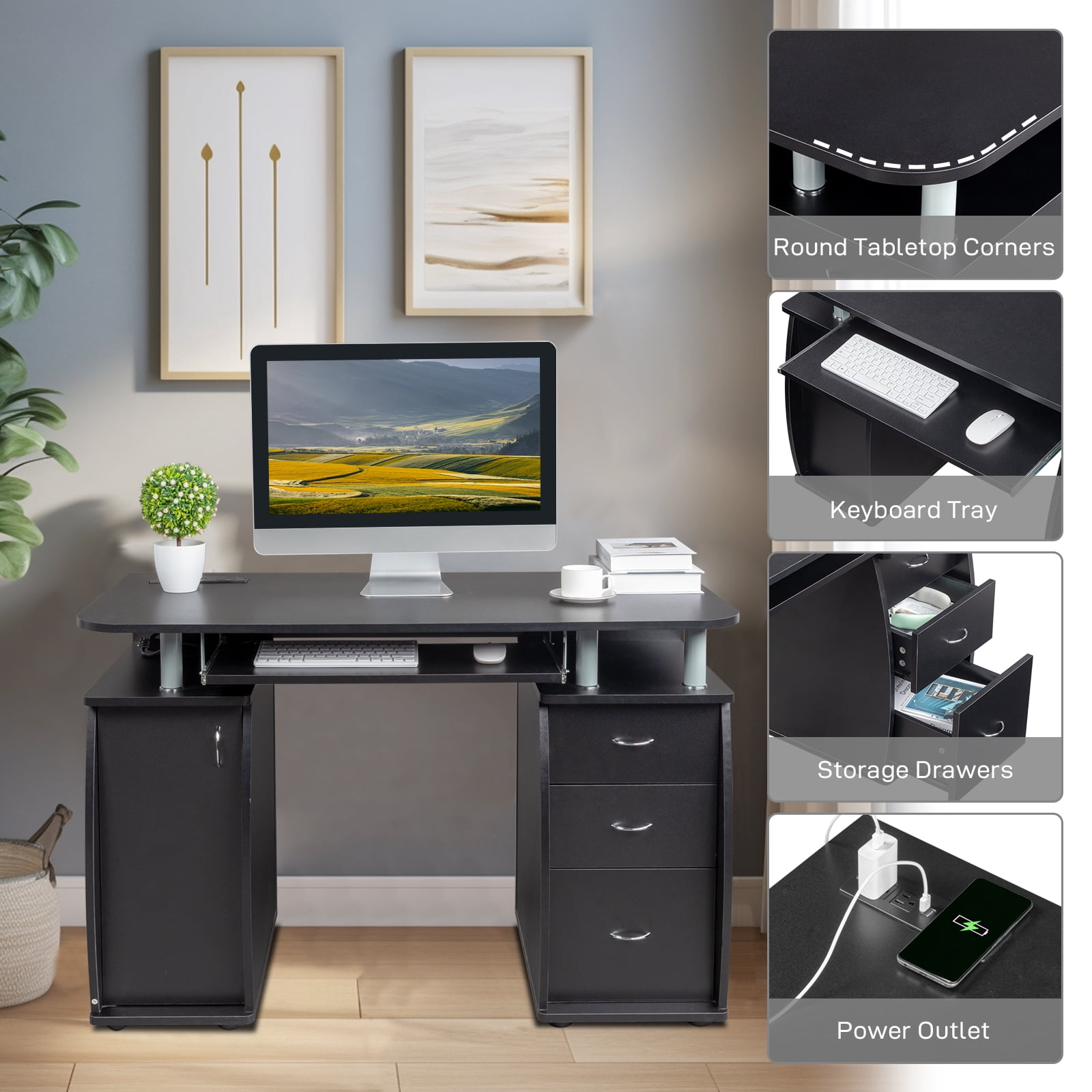 Ktaxon 3 Drawers Computer Desk with Wireless USB Charging Station, Study Workstation Office Furniture