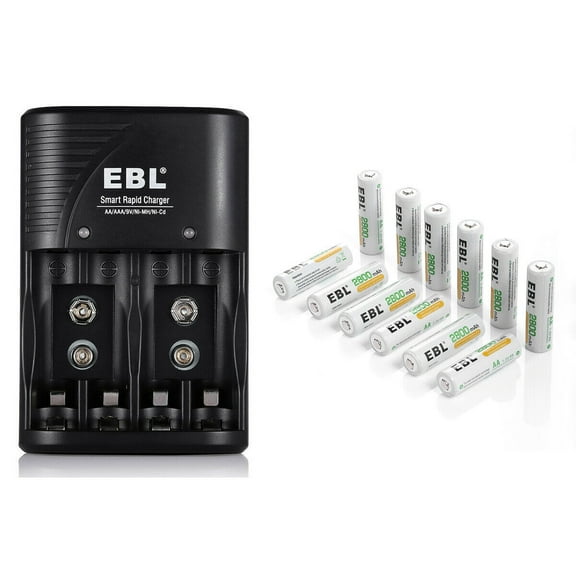 EBL Rechargeable AA Batteries (12 Pack) with Charger, Built-in Foldable Wall Plug, Automatic Power-Off Smart Battery Charger for AA AAA (NiMH) 9V Batteries