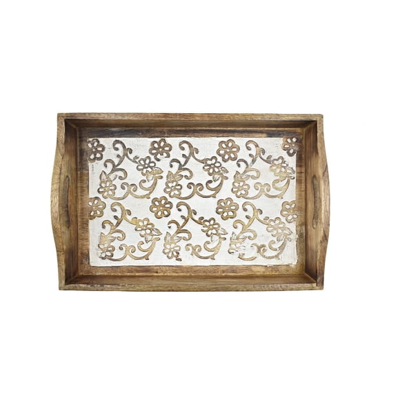 Bandeja de madera para servir desayuno, madera de mango tallada a mano, 38 x 25 cm