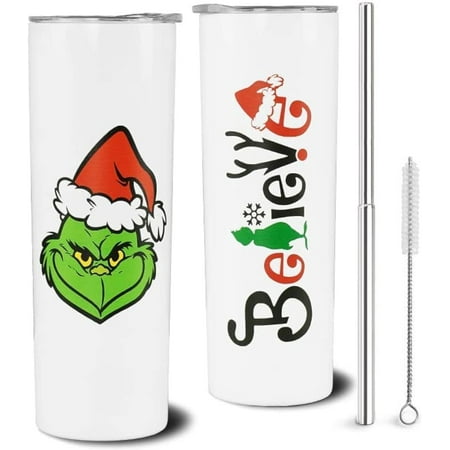 

Christmas Tumbler With Lid and Straw Stainless Steel 20oz Christmas Skinny Tumbler Insulated Christmas Cups Merry Christmas Believe Christmas Coffee Mug Water Bottle Christmas Gifts for Women