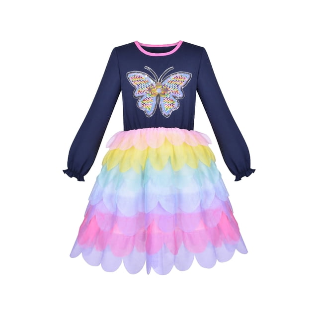 Girls Dress Butterfly Long Sleeve Rainbow Ruffle Skirt 8 Years
