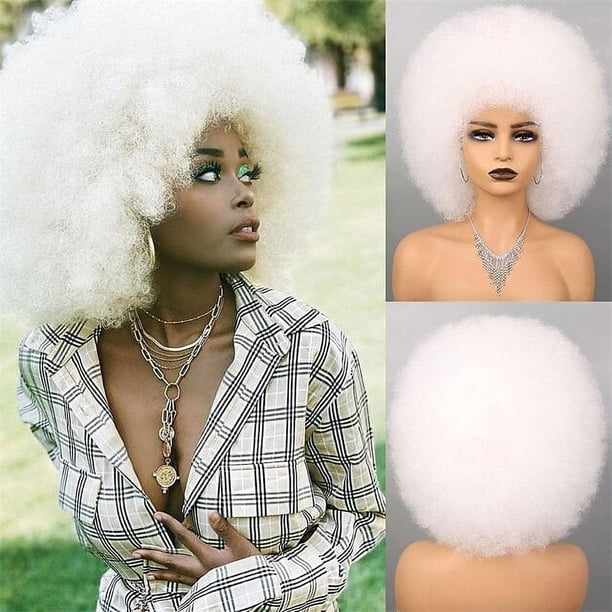 Zhuge Peluca afro suave de los años 70 para mujeres Pelucas de cabello afro rizado con flequillo Peluca afro de cabello sintético Peluca afro para uso diario en fiestas, Blanca