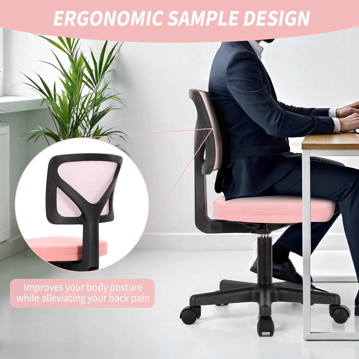 QUIOCOZY Armless Small Home Office Desk Chair, Ergonomic Low Back Computer Chair, Adjustable Rolling Swivel Task Chair with Lumbar Support for Small Space