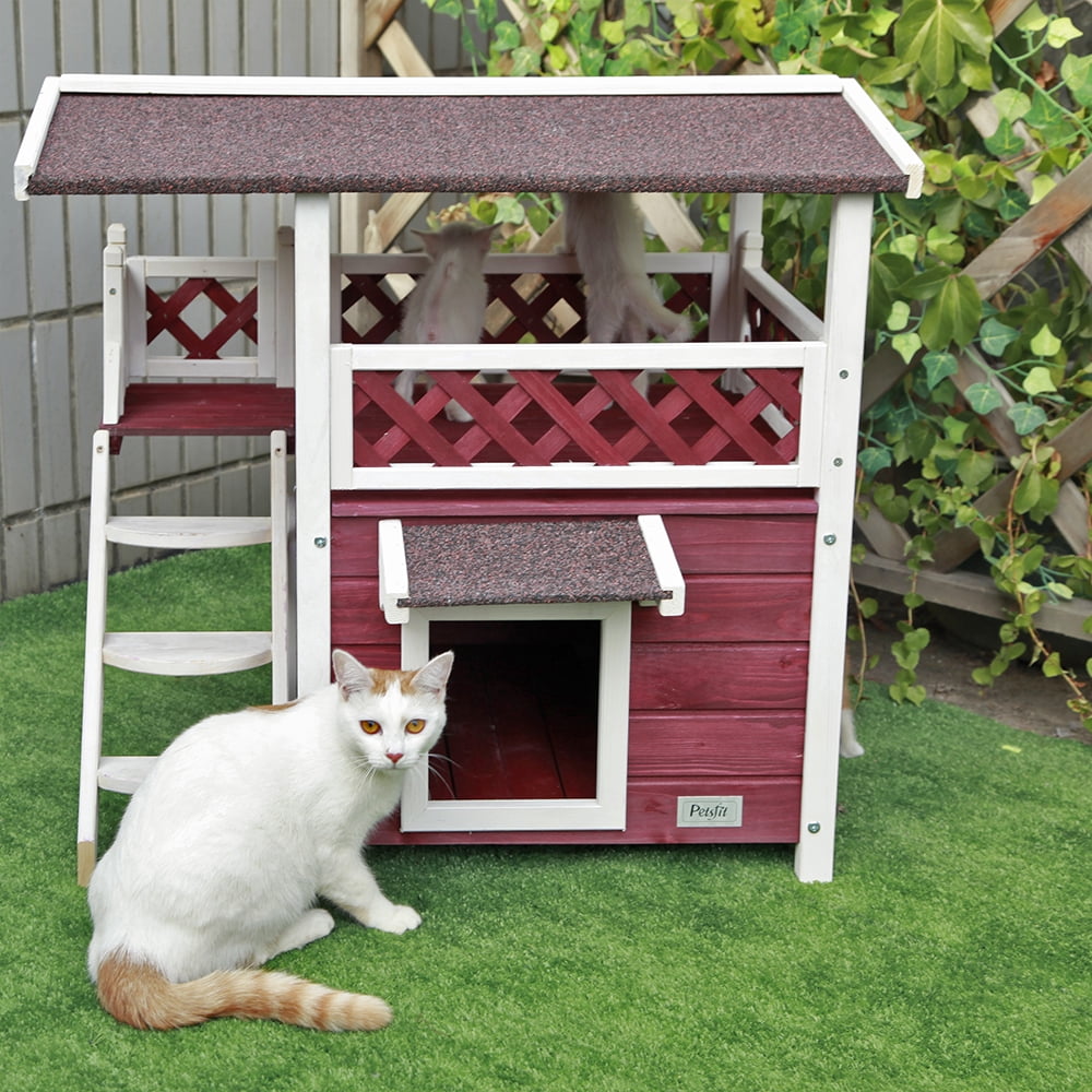 Petsfit Outdoor Cat House for Feral Cats Weatherproof, 2 Story Wooden Kitten Condo with Escape Door Red