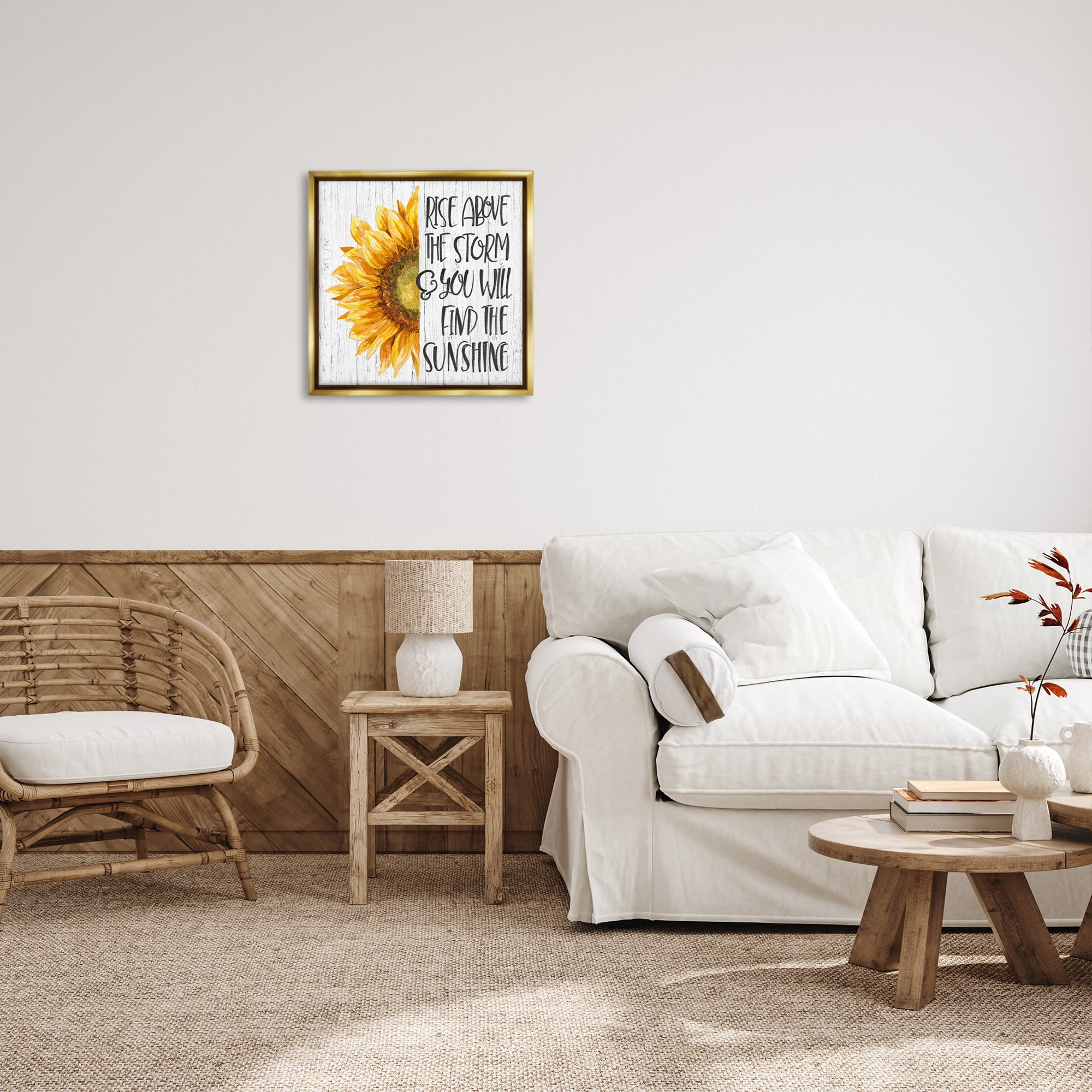 Stupell Industries Find Sunshine Motivational Sunflower Botanical & Floral Painting Gold Floater Framed Canvas Art Print Wall Art, 25 x 25