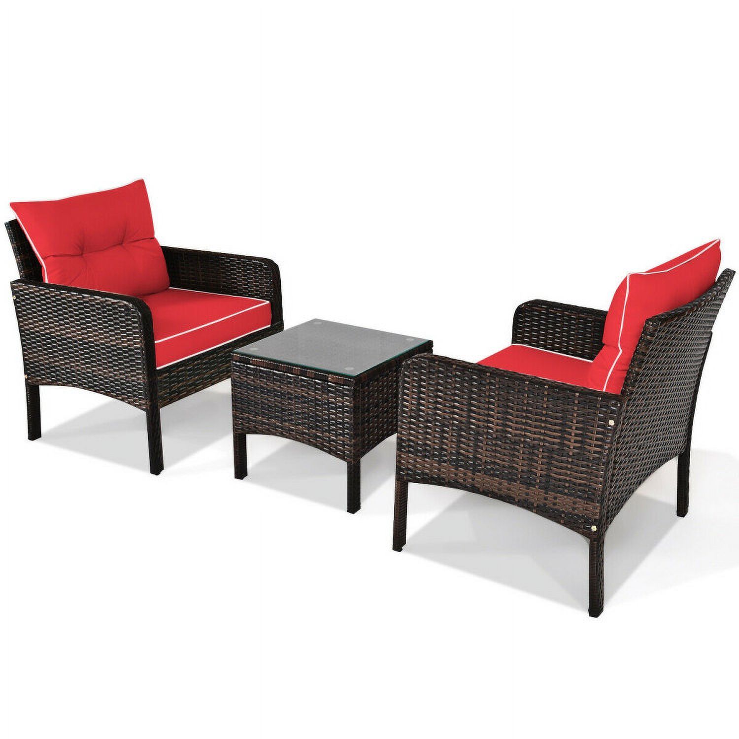 Aimee Lii 3 Pieces Outdoor Rattan Wicker Loveseat Furniture Set with Cushions, Small Patio Set, Red