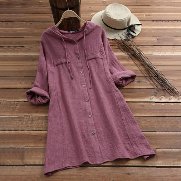 Babysbule Womens Coats Clearance Women's Spring And Autumn Cotton And Linen Hooded Long-Sleeved Top Shirt Coat Solid Color Button Mid-Length Coat