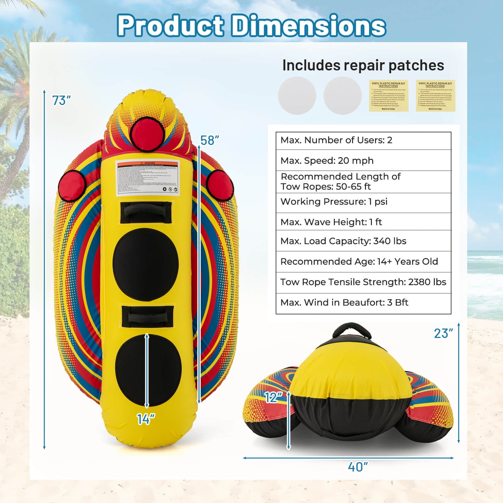 Costway 2 Person Inflatable Banana Boat with Boating & Water Sports 2 EVA-padded Seats