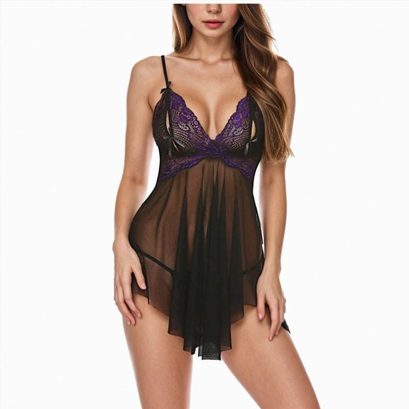 HCNTES Lingerie for Women Lace Babydoll Floral Mesh Ruffle Sheer Nightgown V Neck Chemise Sleepwear (Purple,S)
