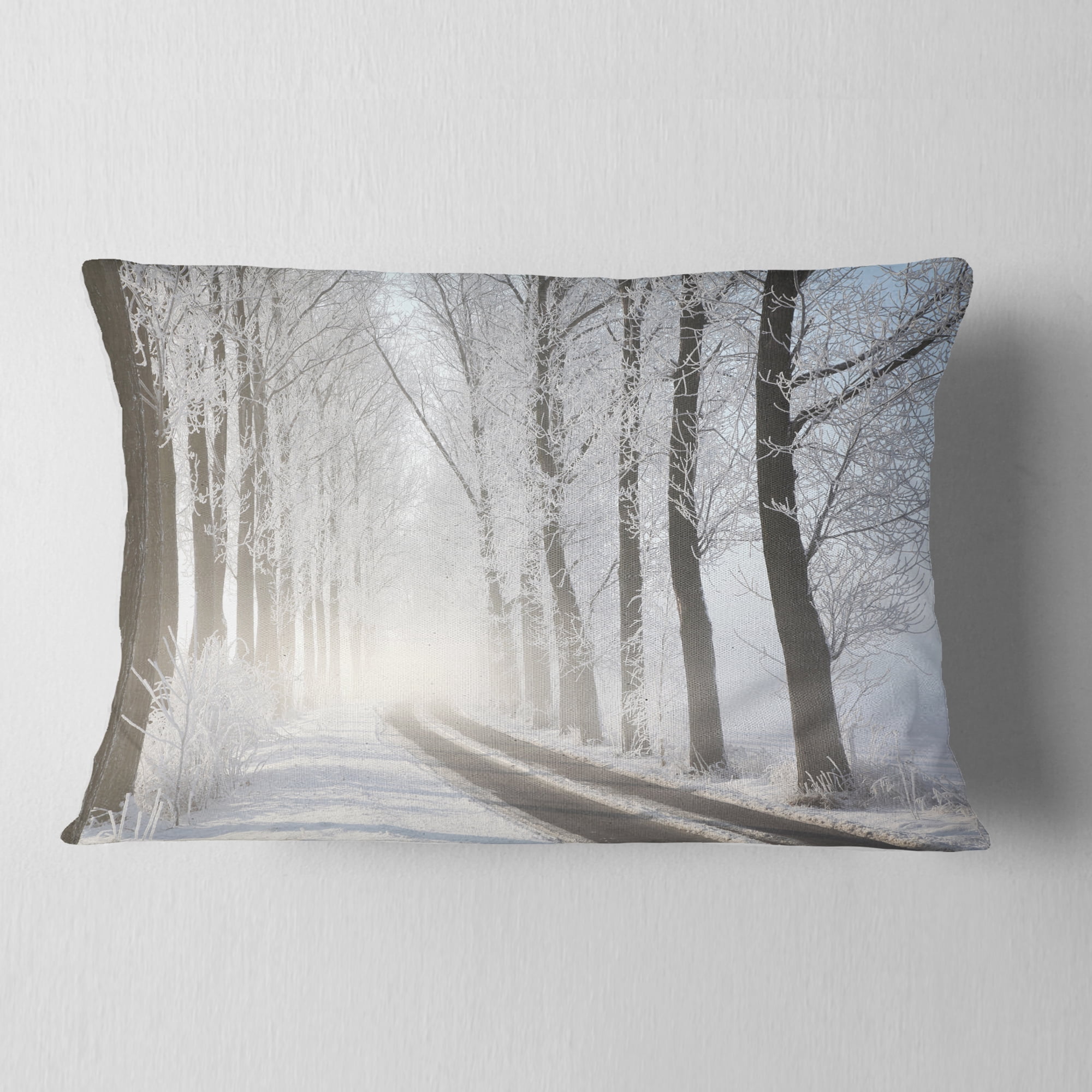 Designart Winter Lane in Foggy Morning - Landscape Photo Throw Pillow - 12x20