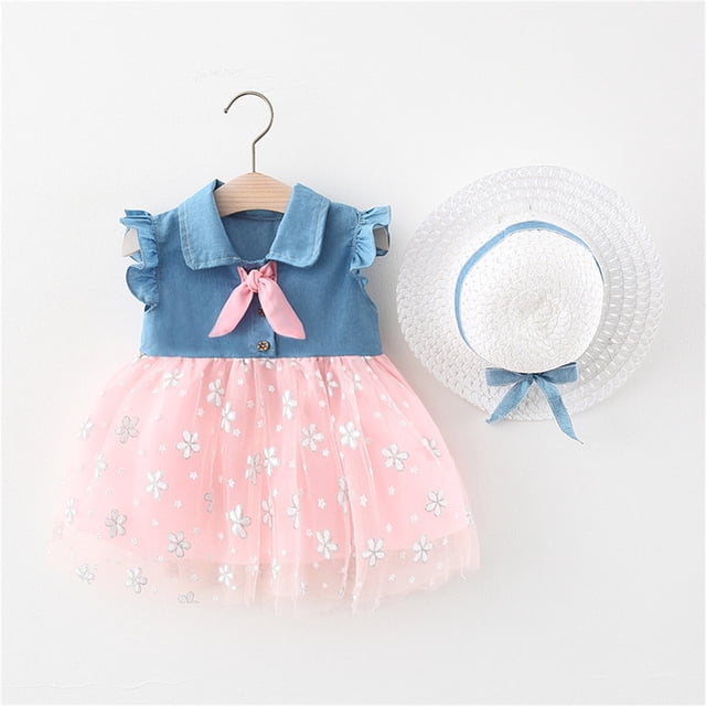 EGNMCR Robe pour Enfants, Robe Mi-Mollet Sans Manches à Col Rond, Tout-Petits Enfants Bébés Filles Mode Mignonne Sans Manches Douce Broderie Imprimé Robe à Volants Ensemble avec Chapeau Robe Fille