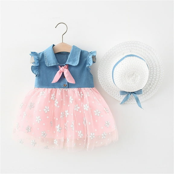 YWDJ Dresses for Girls Special Occasion Toddler Kids Baby Girls Fashion Cute Sleeveless Sweet Embroidery Print Ruffle Dress Hat Set Pink 6-12 Months