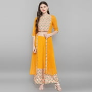Janasya Indian Round Neck 3/4 Sleeve Chevron/Zig Zag Yellow Poly Crepe Crop Top With Palazzo And Jacket For Women