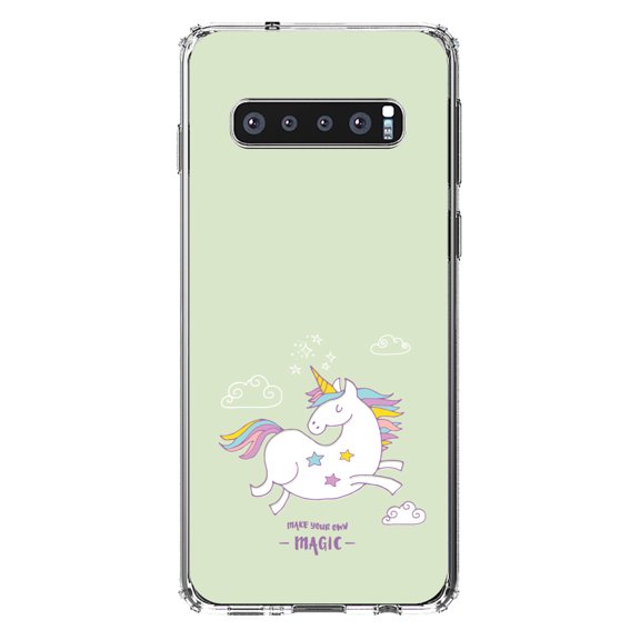DistinctInk Clear Shockproof Hybrid Case for Samsung Galaxy S10  PLUS(6.4" Screen) - TPU Bumper, Acrylic Back, Tempered Glass Screen Protector - Unicorn - Make Your Own Magic