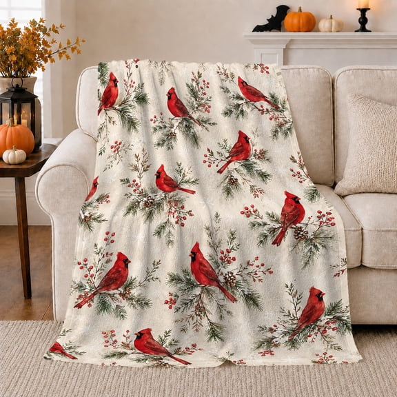 Bright Red Cardinal Evergreen Branch Woodland Nature Scene, Festive Holiday Scene, Warm Flannel Blanket for Cabin and Lodge, Art Lovers Christmas Gift, Festive Home Decor