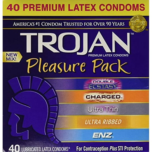 Trojan Pleasure Pack NEW MIX Premium Lubricated Latex Condoms - 40 Count Variety Pack - Double Ecstasy, Charged, Ultra Thin, Ultra Ribbed, ENZ - Brand NEW