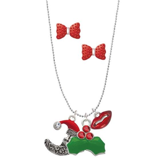 Delight Jewelry Silvertone Large Crescent Moon Santa Face Christmas Kiss Charm Necklace and Stud Earrings