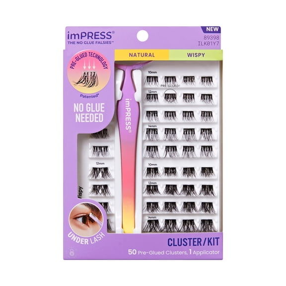 KISS imPRESS Falsies Self Adhesive Eyelashes, Natural & Wispy, 10mm-12mm-14mm, 50 Lash Clusters