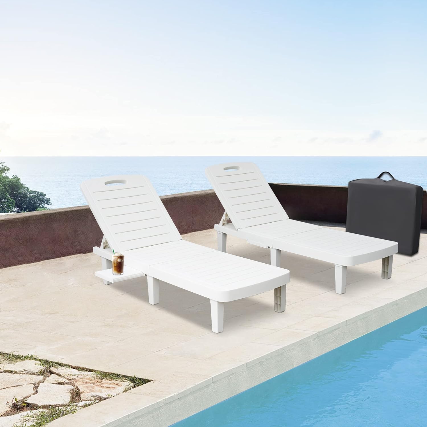 White Patio Lounge Chairs, Outdoor Chaise Lounge with Tray, Adjustable Backrest, Easy Assembly Waterproof Plastic Pool Chaise Lounge, Lightweight for Poolside, Beach, Patio,Yard
