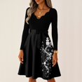thumbnail image 5 of Women's Casual Fashion V-Neck Long Sleeved Retro Christmas Print Retro Dress, Holiday Print, Audrey Style, Party Wear, Casual Dress, Festive,Black,2XL, 5 of 7