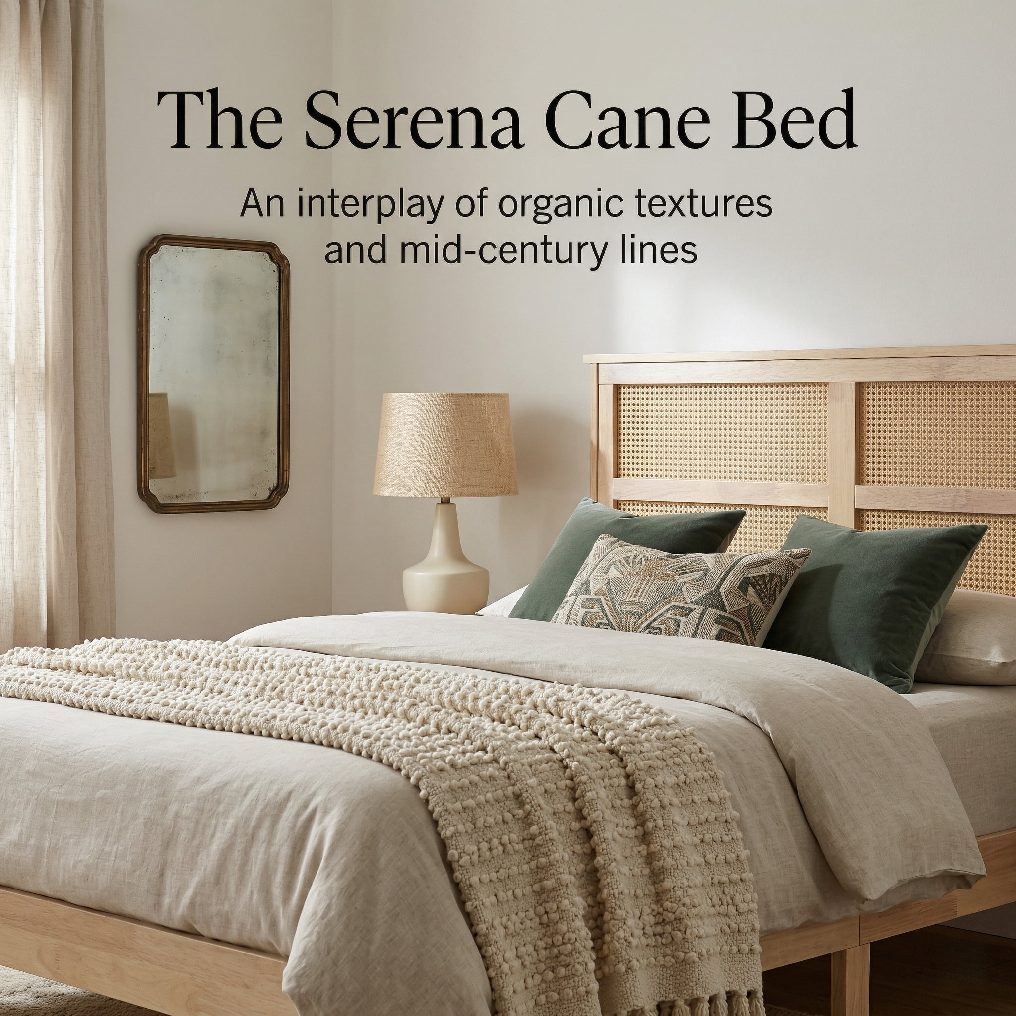Full Size Solid Wood Bed with Rattan Headboard, Rubber Wood Bed Frame with Central Support Beams and 8 Inch Underbed Storage for Bedroom, Natural, 78.7x57.3x40.8 Inch