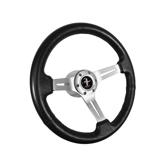 1965-1967 Ford Mustang; VSW 6 Bolt Black Leather Wrapped Steering Wheel Brushed Aluminum Kit, Running Pony Emblem