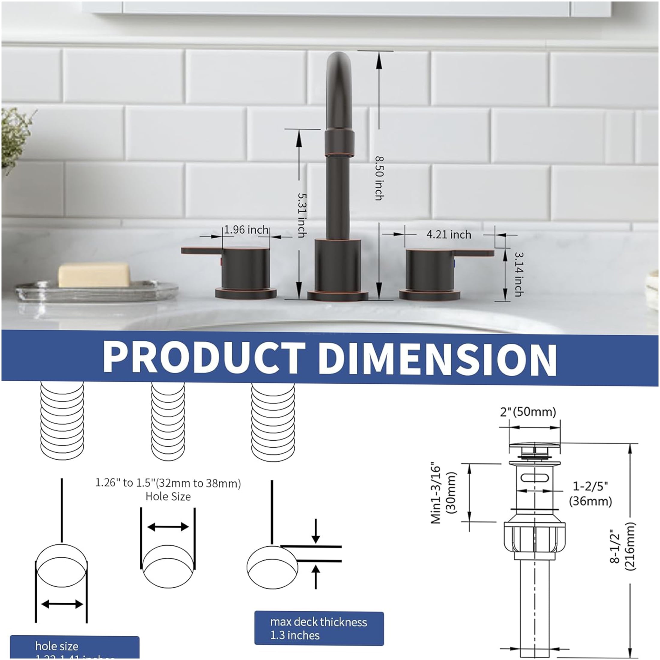 JERFIT 8-inch Centerset Bathroom Sink Faucet, Oil Rubbed Bronze 2-Handle Vanity Faucet with 360° Swivel Spout, High-Arc Gooseneck and Water-Saving Pop-Up Drain for 3-Hole Sink
