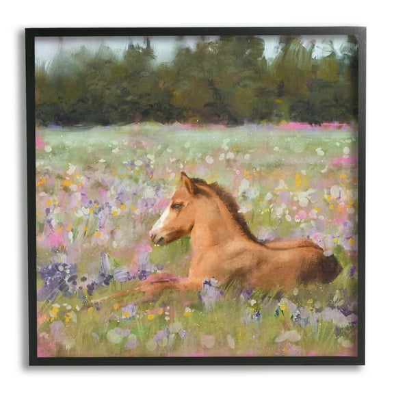 Stupell Industries Foal Horse Lounging Flower Meadow Animals & Insects Painting Black Framed Art Print Wall Art