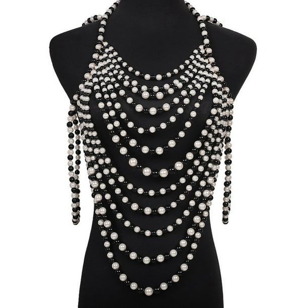 Collar de borlas de Cadena de cuerpo en capas Yuyangstore Cadenas de cintura para boda en la playa Blanco negro