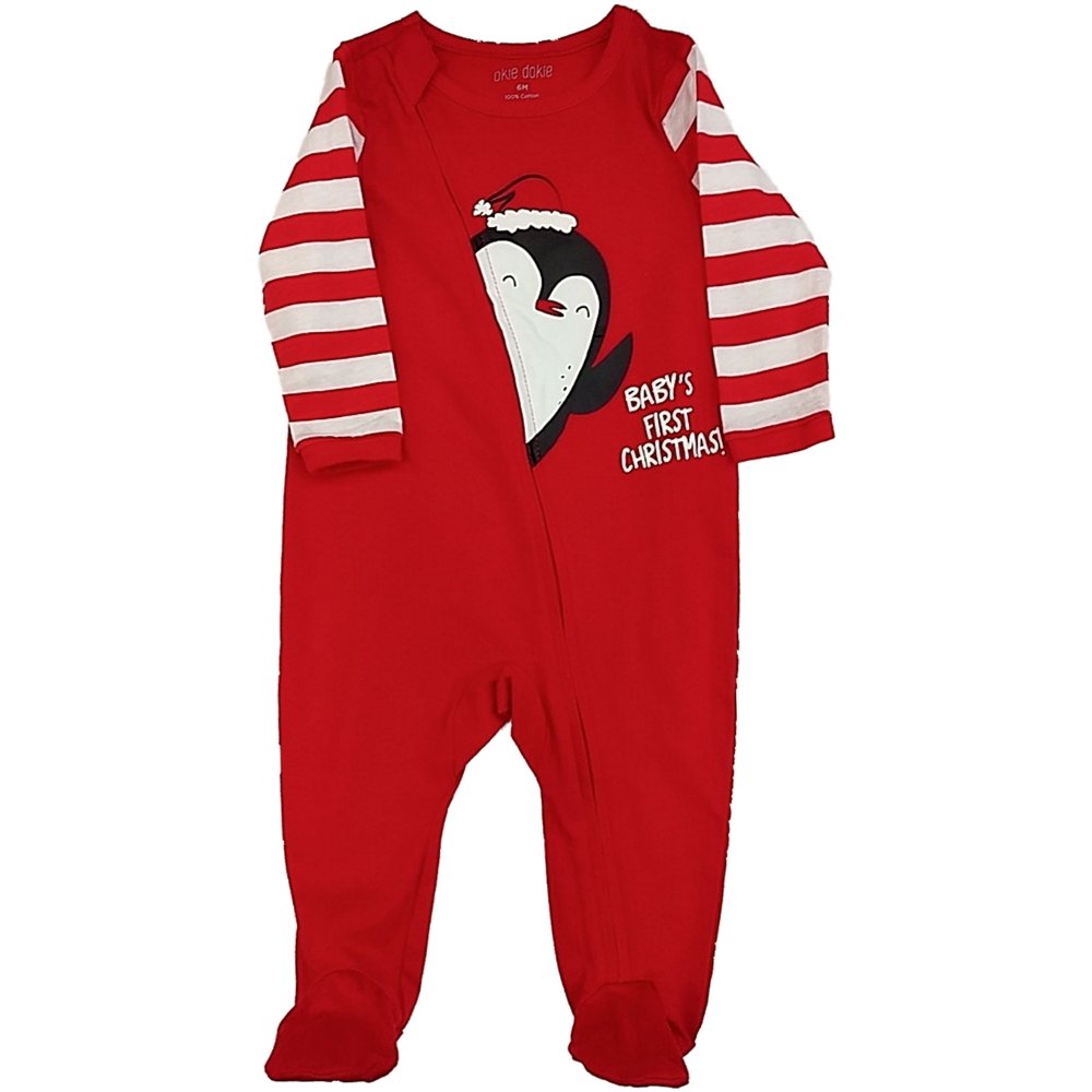Okie Dokie Infant Boys Red Penguin Babys First Christmas Holiday Footie Sleeper Pajamas